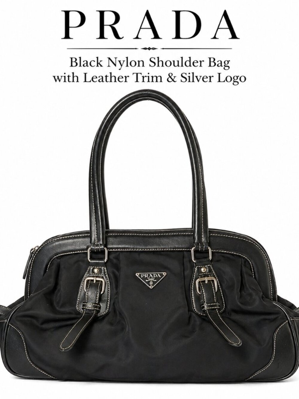 Prada Black Nylon Shoulder Bag Leather Trim Silver Logo Zip Top Handbag - Picture 2 of 9